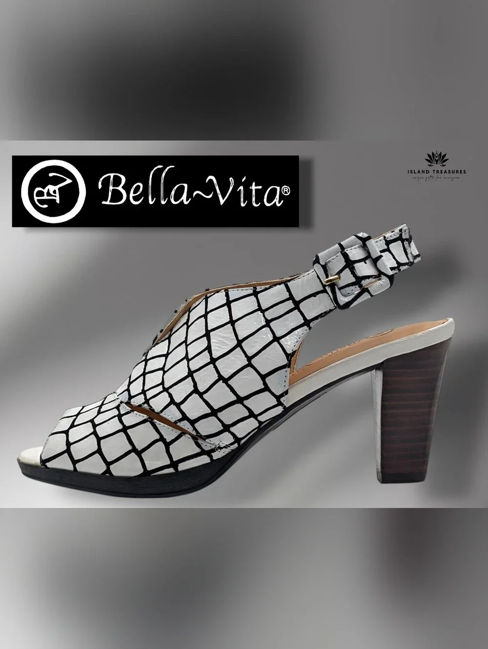 Bella Vita Size 7M Croc-Embossed Leather Slingback Sandal White & Black Peep Toe